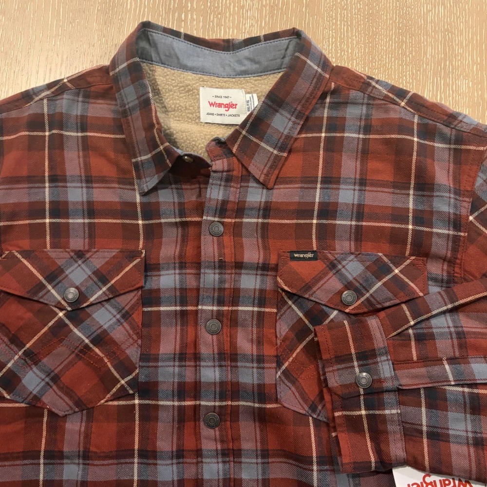 Wrangler  Men's Long Sleeve Sherpa Lined Flannel Shirt Jacket 2XL Red GRay Plaid